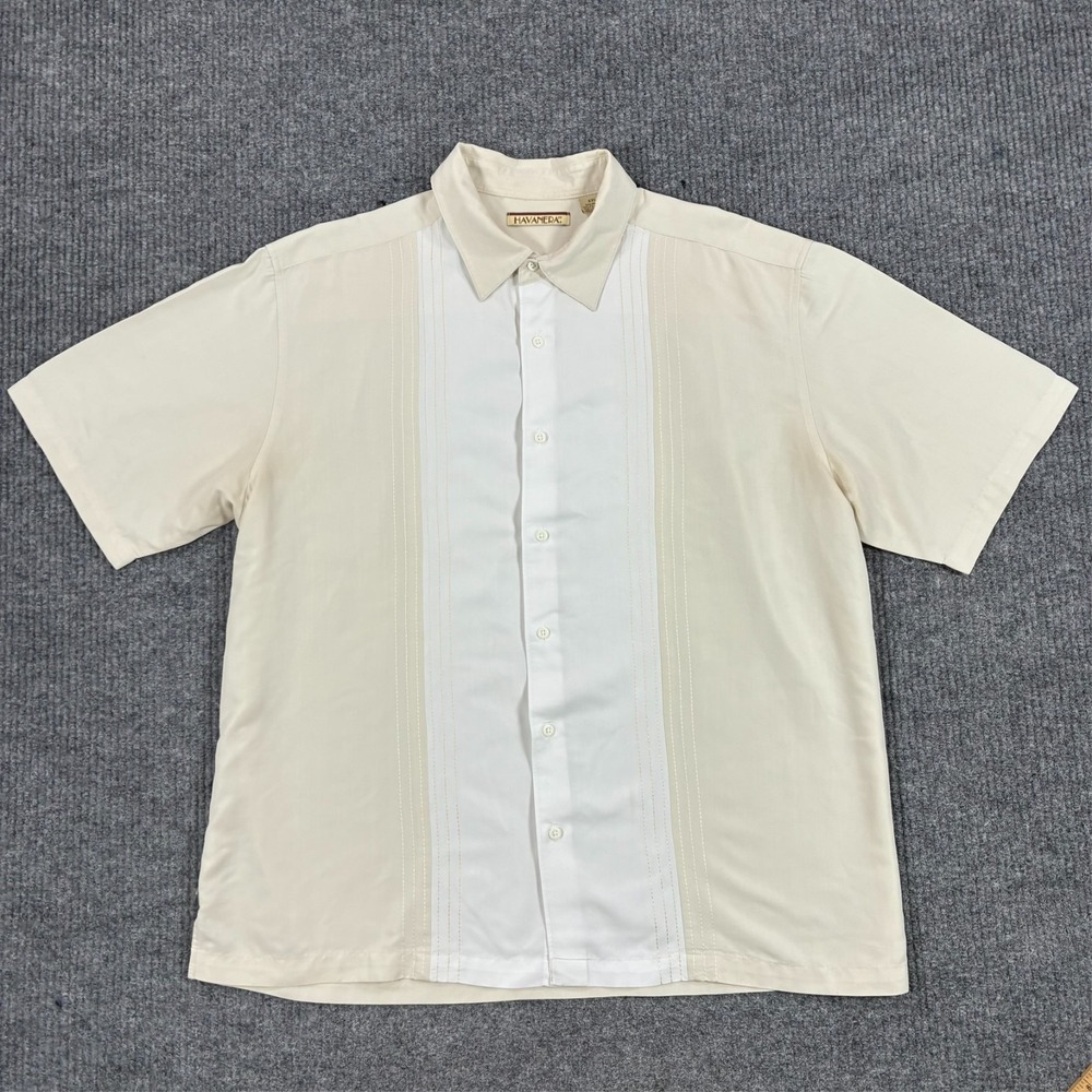 Havanera Co Mens 2XL Beige White Guayabera Camp Shirt Short Sleeve Rayon Blend